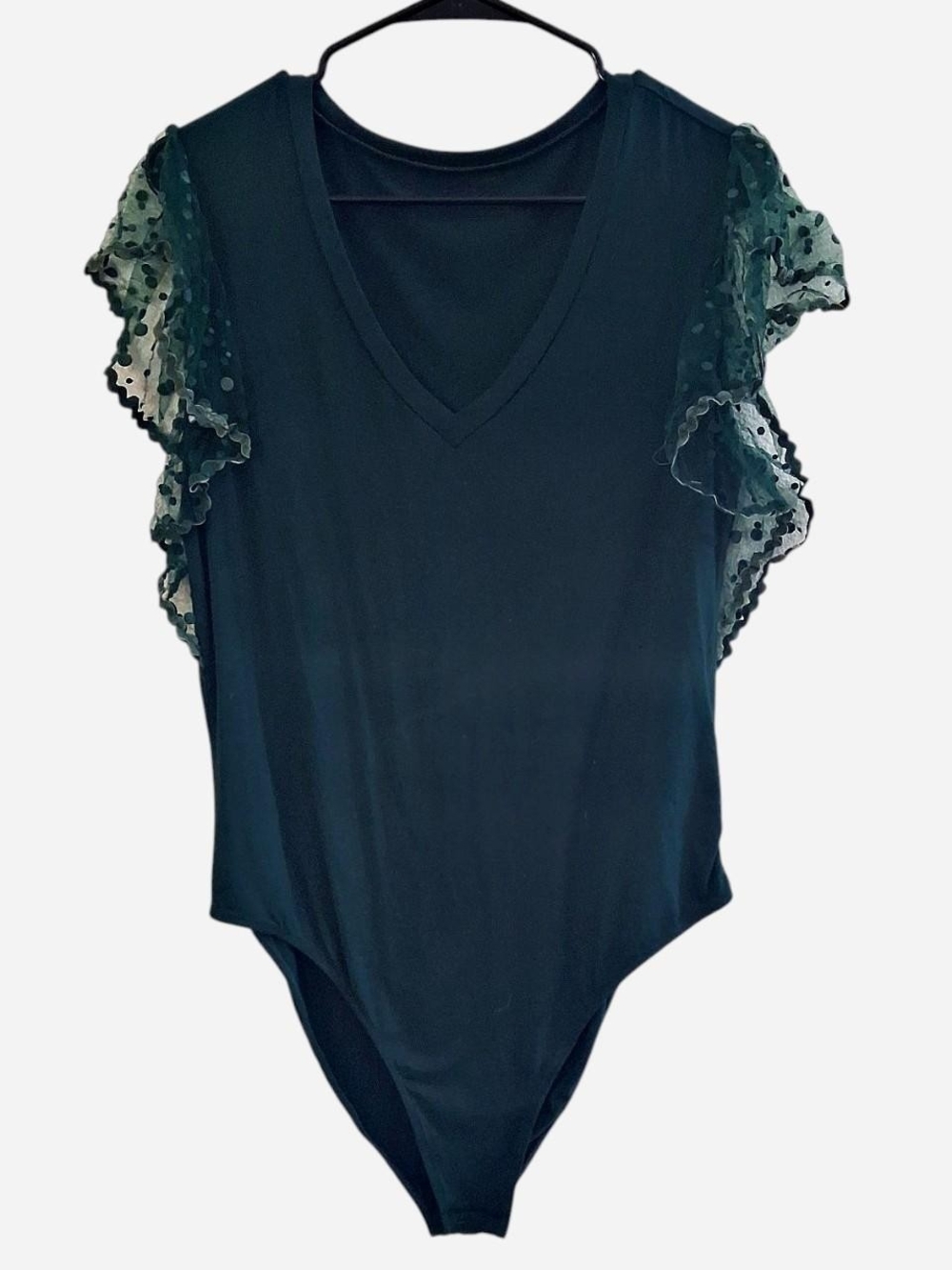 Dark Green V-Neck Bodysuit with Sheer Polka-Dot Ruffle Sleeves